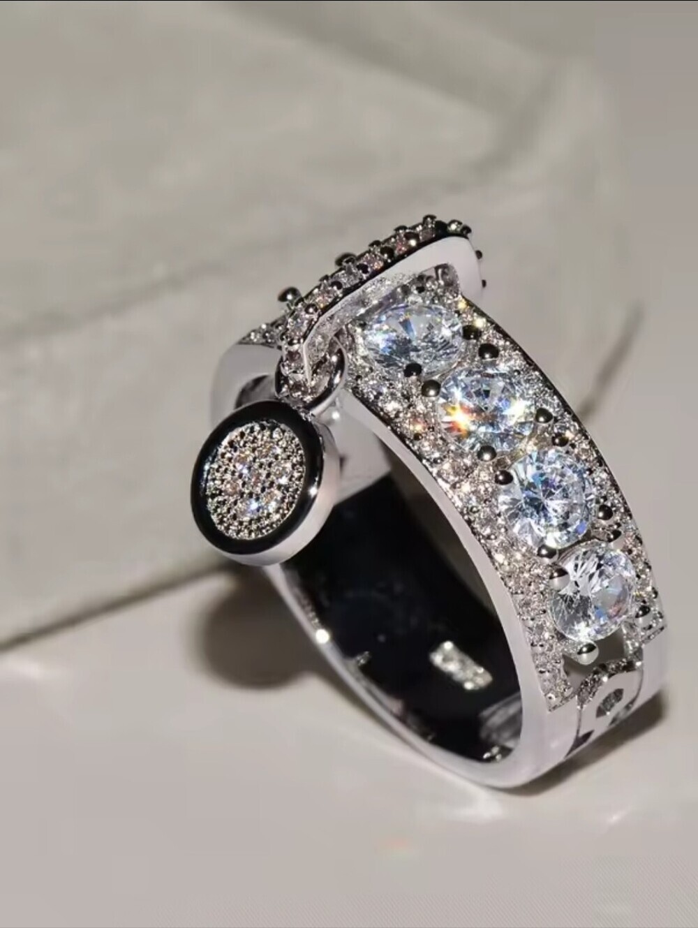 Silver Crystal Pave Band Ring with Sparkling Charm - White